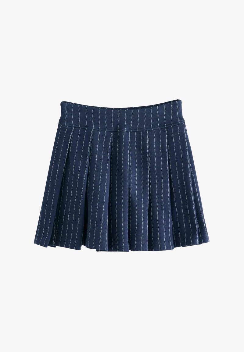 Gonna a pieghe blu navy con sottili strisce azzurre, dotata di una cintura larga e un tessuto testurizzato. Lunghezza corta, progettata per un uso informale.