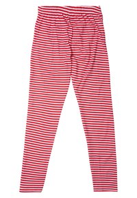 Leggings a righe rosse e bianche con una vita elasticizzata, realizzati in un tessuto morbido e elasticizzato, caratterizzati da righe verticali su tutta la superficie.