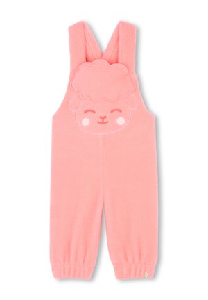 Rosa fleece overall med et lammeansikt-design på brystet, med justerbare stropper og elastiske mansjetter ved anklene.