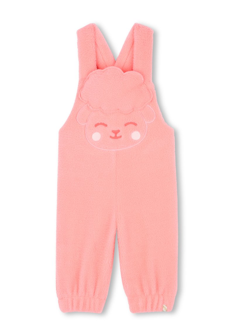 Salopettes en polaire rose avec un design de visage de mouton sur la poitrine, dotées de bretelles ajustables et de poignets élastiques aux chevilles.