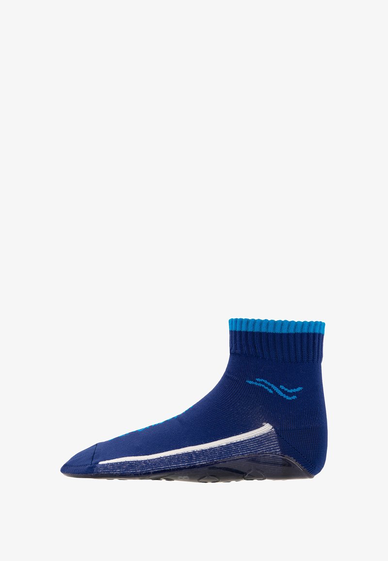 Marineblaue Knöchelsocke mit strukturiertem Design, türkisfarbenen Akzenten am Bund und weißen Streifen an der Sohle für zusätzlichen Grip.
