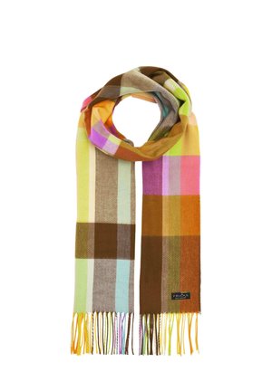 Multicolored checkered wool scarf with fringe ends, folded in a loop, featuring shades of brown, green, yellow, pink, and orange.