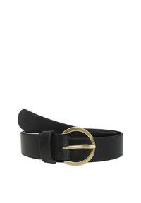 Cintura in pelle nera con una fibbia rotonda color oro, texture liscia e un design classico con una finitura semplice e pulita.