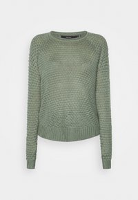 Vaaleanvihreä neulotumpaita, jossa on teksturoitu kuvio, pyöreä kaula-aukko, pitkät hihat sekä ribatut hihansuut ja helma.