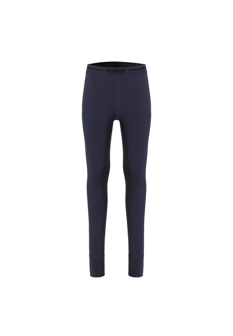 Marineblauwe legging met een elastische tailleband waarop de merknaam "nomad" in het zwart is gedrukt. Gemaakt van een rekbare, zachte stof met een slim fit.