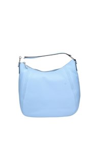 Borsa a spalla in pelle azzurro chiaro con forma curva, hardware in argento e chiusura con zip superiore. Superficie testurizzata con tracolla a contrasto.