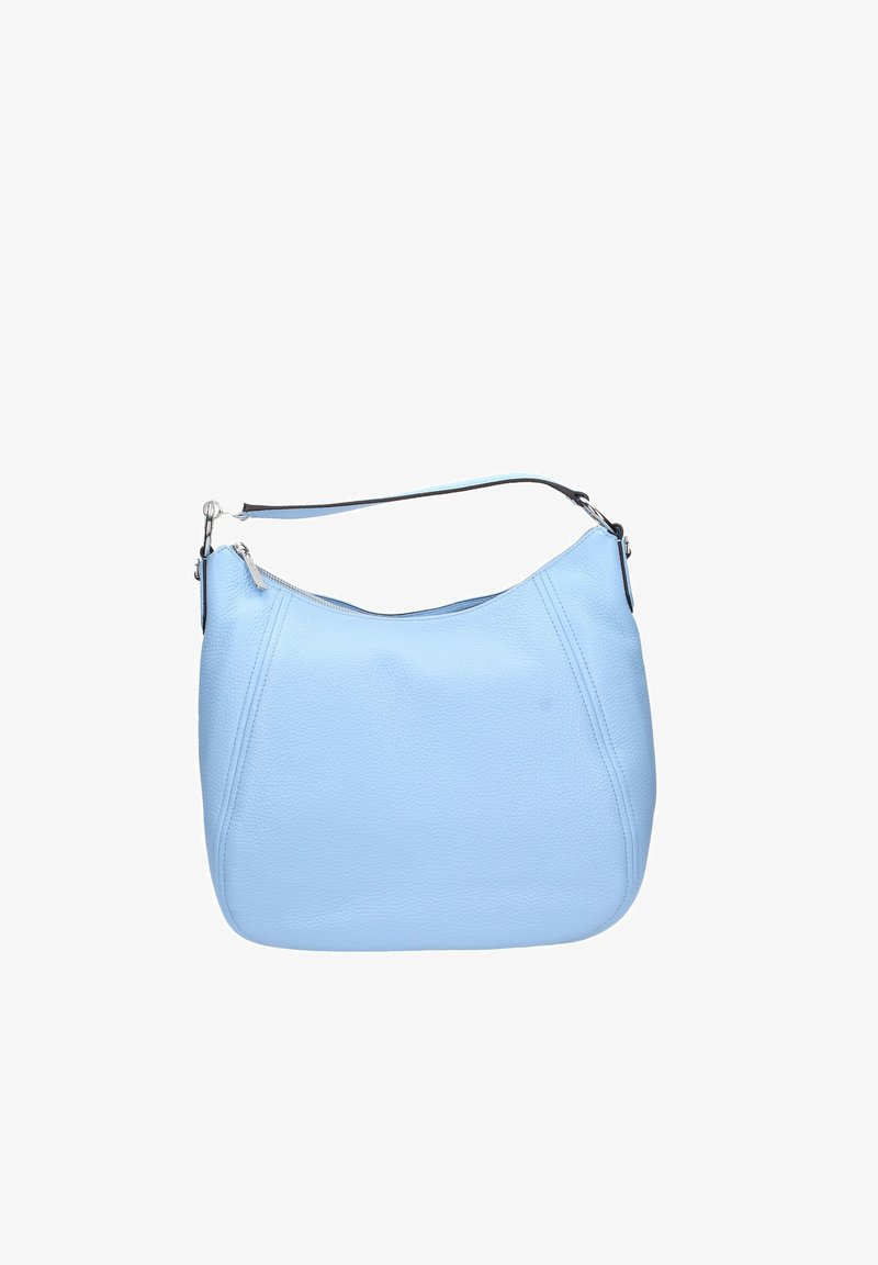 Borsa a spalla in pelle azzurro chiaro con forma curva, hardware in argento e chiusura con zip superiore. Superficie testurizzata con tracolla a contrasto.