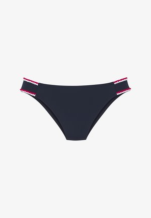 Marineblauer Bikini-Slip mit dekorativen, rosa und weißen Wellenakzenten an den Seiten. Hergestellt aus glattem, dehnbarem Material für zusätzlichen Komfort.