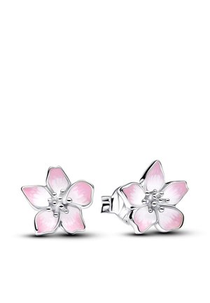 Orecchini a perno in argento a forma di fiori con cinque petali smaltati sfumati dal rosa al bianco e piccoli dettagli a pallina in argento al centro.