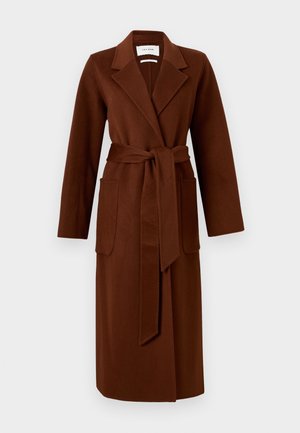 Brown wool blend coat with a front tie belt, long sleeves, side pockets, and a notched lapel design. Features a smooth texture.