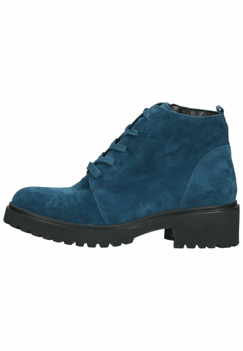Blauwe suede enkellaarzen met een ronde neusstuk, vetersluiting aan de voorkant en een stevige zwarte rubberen zool. Heeft een gestructureerd oppervlak.