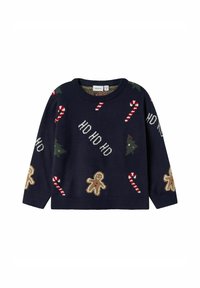Maglione blu navy con motivi natalizi: omini di pan di zenzero, bastoncini di zucchero e alberi di Natale in verde e rosso. Collo a giro e maniche lunghe.