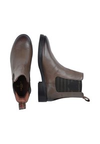 Brune læder ankelstøvler med elastiske sidepaneler, rund tå og sort gummisål. Har en pull-tab og subtile teksturvariationer.