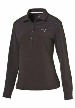 Langärmliges schwarzes Polohemd aus leichtem Stoff mit Kragen. Verfügt über dezente horizontale Streifen auf der Brust und ein kleines Logo.