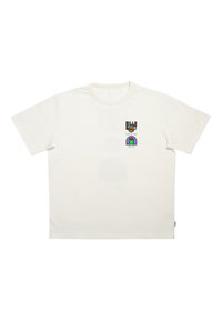 T-shirt a maniche corte in cotone crema con stampe grafiche colorate di un simbolo di pace e di un design di porta ad arco sul davanti.