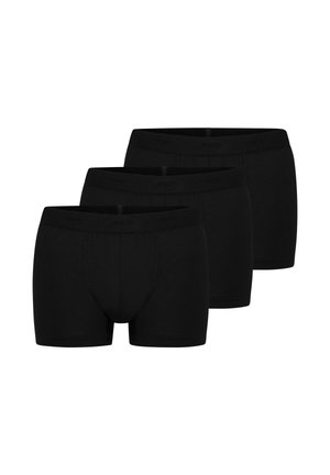 Three black men's boxer briefs stacked in a row, featuring elastic waistbands and front seams for support.