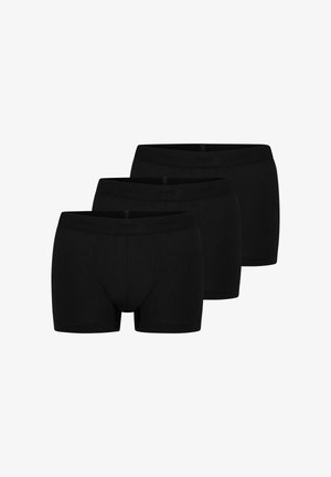 Drei schwarze Herren-Boxershorts in einer Reihe gestapelt, mit elastischen Bund und vorderen Nähten zur Unterstützung.