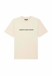 Crème katoenen t-shirt met korte mouwen, met opvallende zwarte tekst "AMOUR GLOIRE & BOTOX" gecentreerd op de voorkant. Klassiek ronde hals ontwerp.