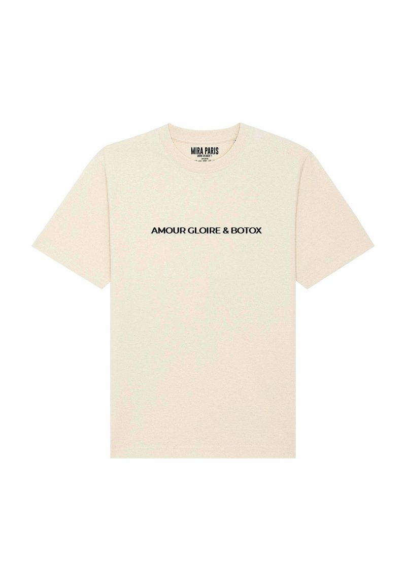 Crème katoenen t-shirt met korte mouwen, met opvallende zwarte tekst "AMOUR GLOIRE & BOTOX" gecentreerd op de voorkant. Klassiek ronde hals ontwerp.