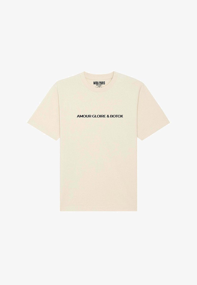 Crème katoenen t-shirt met korte mouwen, met opvallende zwarte tekst "AMOUR GLOIRE & BOTOX" gecentreerd op de voorkant. Klassiek ronde hals ontwerp.