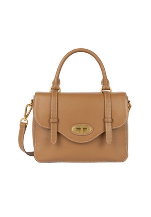 Sac à main en cuir beige avec un design structuré, une poignée supérieure, une bandoulière détachable, une fermeture magnétique et des accents en métal doré.