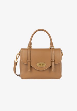 Borsa a tracolla in pelle color cuoio con design strutturato, manico superiore, tracolla staccabile, chiusura magnetica e dettagli in metallo dorato.
