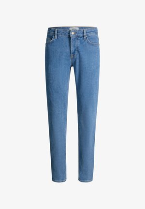 Niebieskie, dopasowane jeansy z przodem na guziki i zamek błyskawiczny, w pięciokieszeniowym fasonie z szlufkami na pasek.