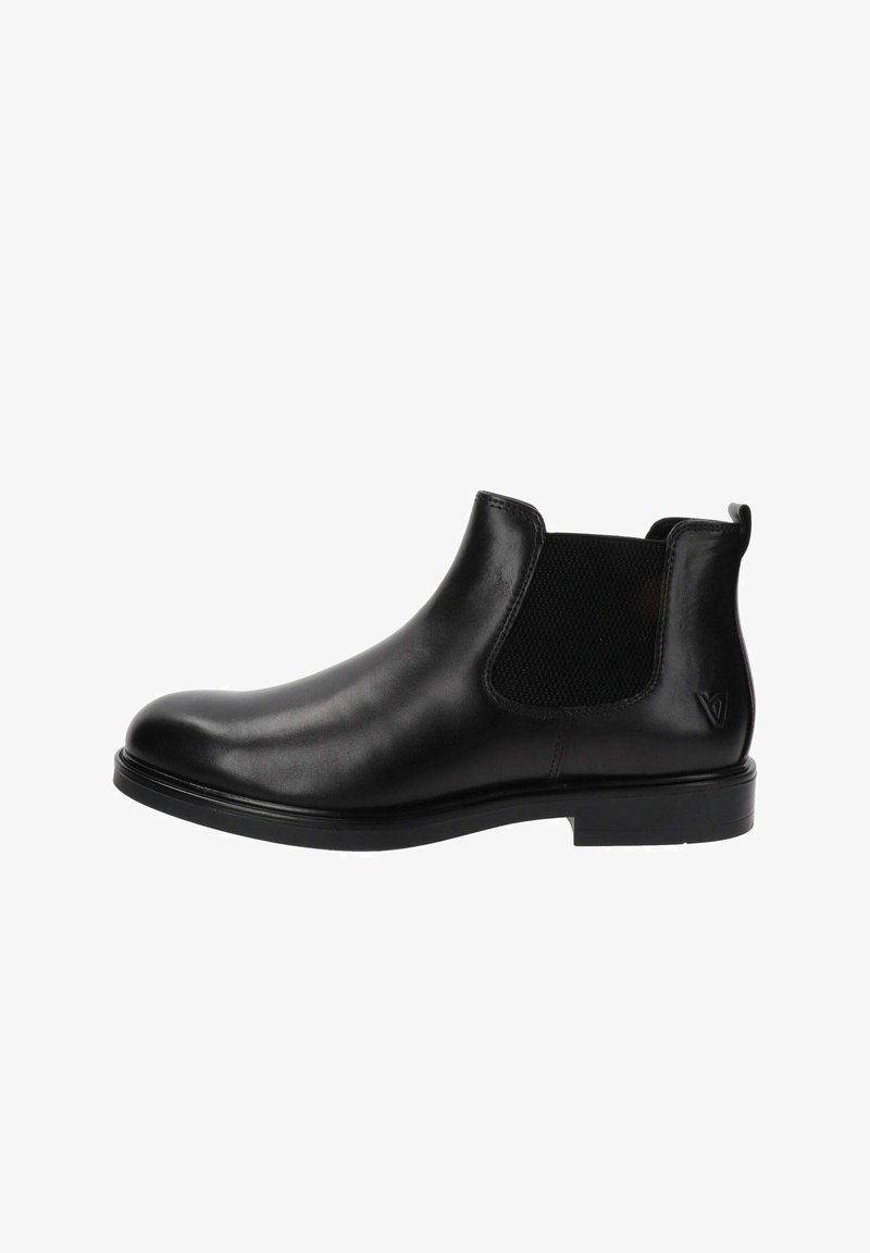 Botas Chelsea de cuero negro con paneles elásticos en los lados, puntera redondeada, diseño minimalista y una textura suave. Suela de goma plana, sin herrajes visibles.