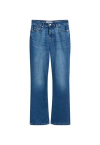 Blauwe spijkerbroek met een recht tapered ontwerp, medium wassingen en subtiele vervaging. Heeft een standaard vijf zakken styling en een knoopsluiting.