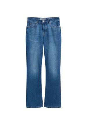 Blue denim jeans with a straight-leg design, medium wash, and subtle fading. Features standard five-pocket styling and a button closure.
