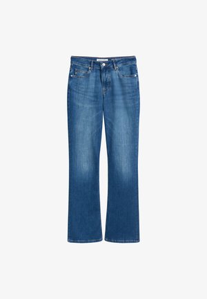 Blauwe spijkerbroek met een recht tapered ontwerp, medium wassingen en subtiele vervaging. Heeft een standaard vijf zakken styling en een knoopsluiting.