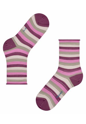 Gestreepte sokken met tinten paars, roze en crèmekleurig; mediumlange sokken met een geribbelde textuur en contrasterende hiel- en teenaccenten.