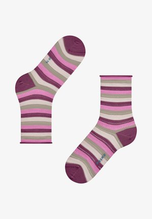 Striped socks featuring hues of purple, pink, and cream; medium-length with a ribbed texture and contrasting heel and toe accents.