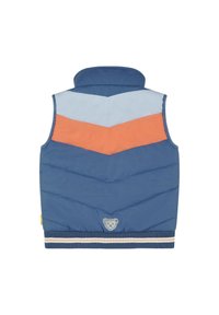 Modrá péřová vesta s chevron vzory v světle modré a oranžové. Vysoký límec, žebrovaný lem se pruhy a logo medvěda na přední straně.