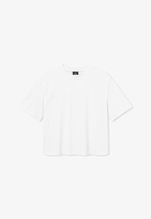 Biała, krótka koszulka z bawełny, z okrągłym dekoltem i krótkimi rękawami. Prosty design bez wzorów i akcentów.