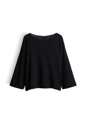 Pull en tricot noir à manches longues avec des manches larges et un col rond, présenté sur fond blanc.
