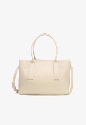 Borsa a tracolla beige in pelle con due manici superiori, tracolla staccabile, superficie testurizzata e sottili dettagli in metallo dorato.