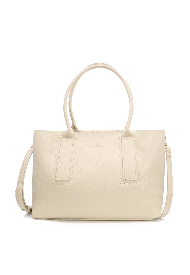 Borsa a tracolla beige in pelle con due manici superiori, tracolla staccabile, superficie testurizzata e sottili dettagli in metallo dorato.