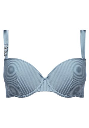 Jasnoniebieski wyściełany stanik z pionowymi prążkami, regulowanymi ramiączkami oraz dekoracyjnym detalem na lewej ramiączku.