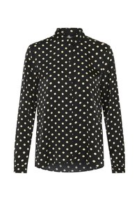Fekete hosszú ujjú ing fehér pöttyökkel, gombos gallérral és elöl gombsorral, sima anyagból készült.