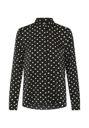 Čierna košeľa s dlhými rukávmi so vzorom bielych bodiek, golierom so zapínaním na gombíky a predným zapínaním na gombíky, vyrobená z hladkej látky.