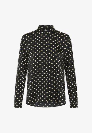 Black long-sleeve shirt featuring white polka dots, a button-down collar, and front button placket, made from a smooth fabric.