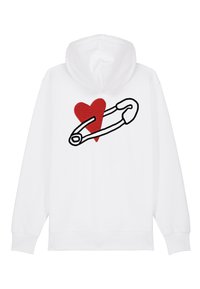 Felpa bianca con un design a forma di cuore rosso e una grafica di una spilla da balia nera sul retro. Tessuto morbido con una vestibilità casual.
