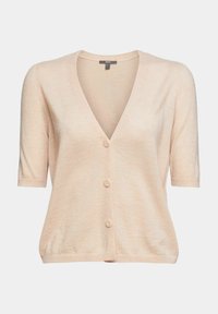 Heller rosa kurzärmeliger Cardigan, V-Ausschnitt, Knopfverschluss, weicher Griff, gerippter Saum und Ärmel, aus leichtem Material gefertigt.