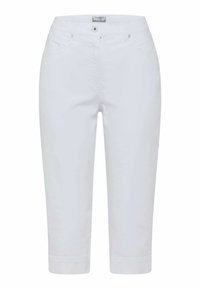 Pantaloni bianchi cropped realizzati in misto cotone, caratterizzati da una texture liscia, due tasche frontali, chiusura con bottone anteriore e design a gamba dritta.