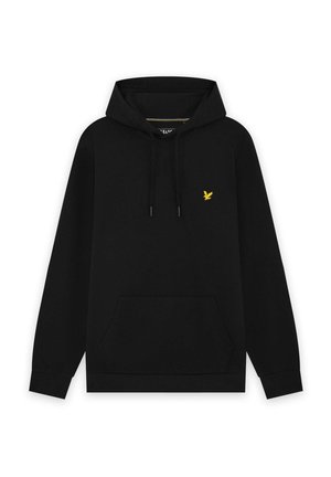 Zwarte hoodie met een voorzak in kangoeroestijl, trekkoord in de capuchon en een klein geel vogellogo op de linkerborst.