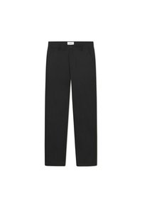 Zwarte broek met een recht gesneden ontwerp, gemaakt van stof met een gladde textuur, voorzien van twee zijzakken en een standaard tailleband.