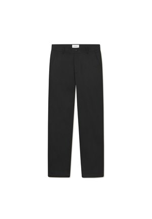 Pantalons noirs avec une coupe droite, fabriqués dans un tissu à texture lisse, dotés de deux poches avant et d'une taille standard.