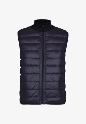 Mørkeblå puffy vest med høj krave, lynlås fortil og vandret quiltet struktur. Har en glat, skinnende overflade uden ærmer.