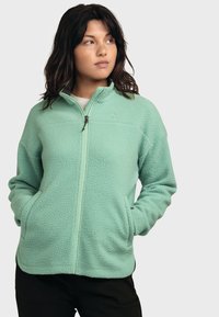 Fleecejacke in Mintgrün mit durchgehendem Reißverschluss, Stehkragen, strukturierter Stoffqualität und Seitentaschen. Mit kleinem Logo auf der Brust.